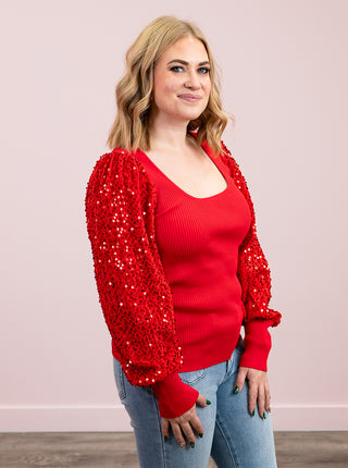 Glow With It Balloon Sleeve Sequin Top | Red