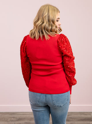 Glow With It Balloon Sleeve Sequin Top | Red