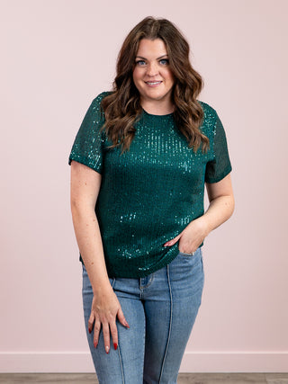 *NEW* Glitter Kisses Short Sleeve Sequin Top | Hunter Green