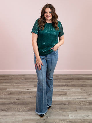 *NEW* Glitter Kisses Short Sleeve Sequin Top | Hunter Green
