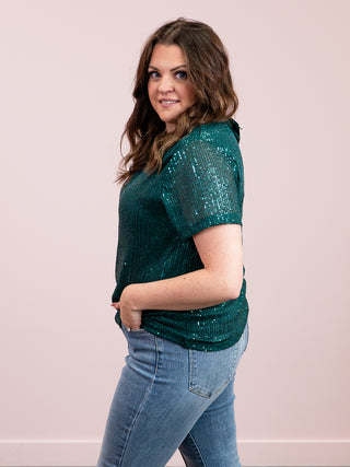 *NEW* Glitter Kisses Short Sleeve Sequin Top | Hunter Green