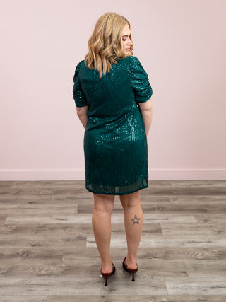 *NEW* All Lit Up Short Sleeve Sequin Mini Dress | Hunter Green