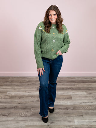 *NEW* Gardenia Embroidered Knit Sweater | Light Olive