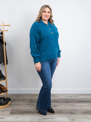 DEX | Mariah Button Polo Sweater | Heather Teal