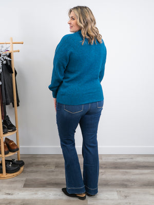 DEX | Mariah Button Polo Sweater | Heather Teal