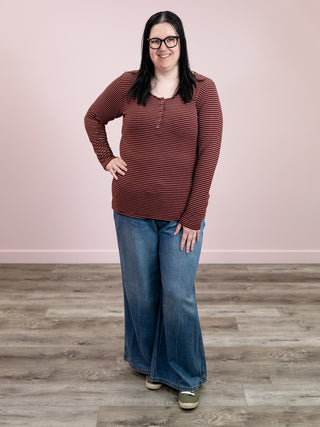 *NEW* Striped Henley Long Sleeve | Burgundy