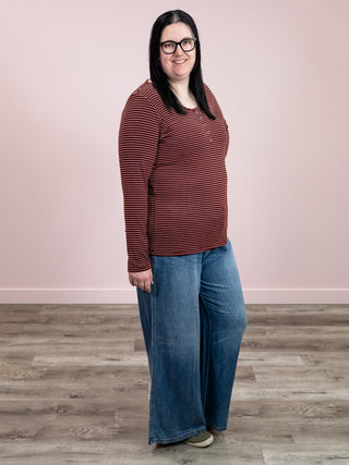 *NEW* Striped Henley Long Sleeve | Burgundy