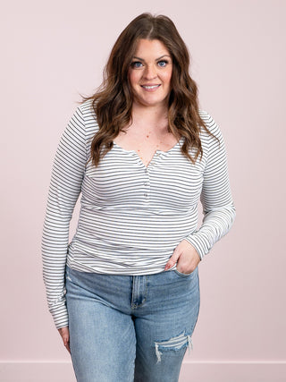 *NEW* Striped Henley Long Sleeve | White
