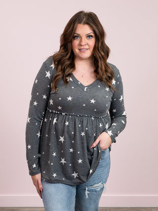*NEW* New Chapter Long Sleeve Babydoll Top | Charcoal Stars