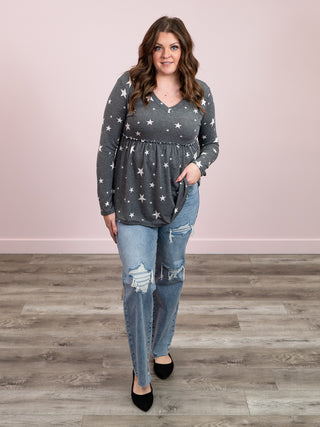 *NEW* New Chapter Long Sleeve Babydoll Top | Charcoal Stars