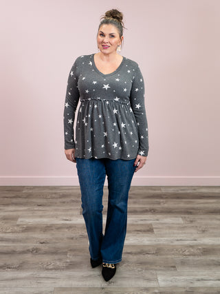 *NEW* New Chapter Long Sleeve Babydoll Top | Charcoal Stars