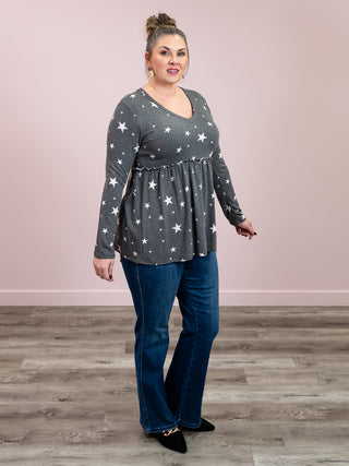 *NEW* New Chapter Long Sleeve Babydoll Top | Charcoal Stars