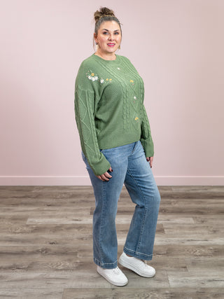 *NEW* Gardenia Embroidered Knit Sweater | Light Olive