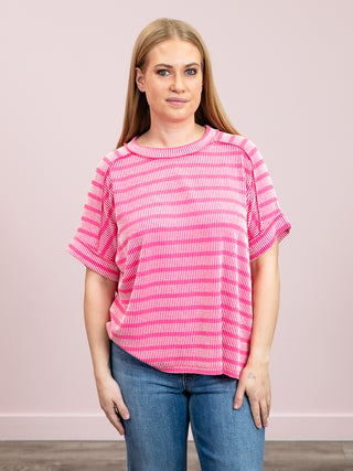 *NEW* Carrina Striped Ribbed Short Sleeve Top | Hot Pink