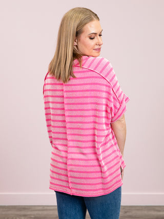 *NEW* Carrina Striped Ribbed Short Sleeve Top | Hot Pink
