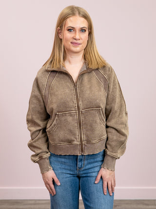 *NEW* Ayla Acid Wash Zip Up Fleece Full Zip | Mocha