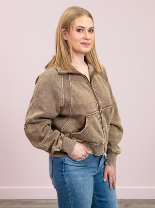 *NEW* Ayla Acid Wash Zip Up Fleece Full Zip | Mocha