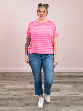 *NEW* Carrina Striped Ribbed Short Sleeve Top | Hot Pink