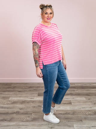 *NEW* Carrina Striped Ribbed Short Sleeve Top | Hot Pink