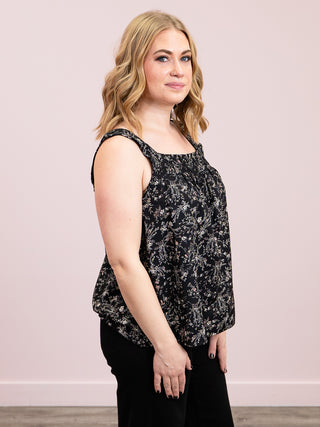 *NEW* Sweet Bloom Smocked Square Neck Tank | Black Floral