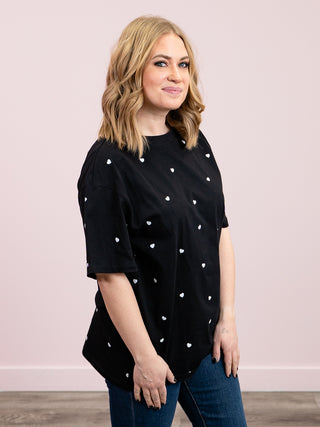 *NEW* Brunette The Label | All Over Tiny Heart Oversized Boxy Tee | Black & White