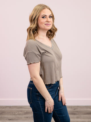 *NEW* DEX | Adela Lace Trim Waffle Top | Mocha Heather