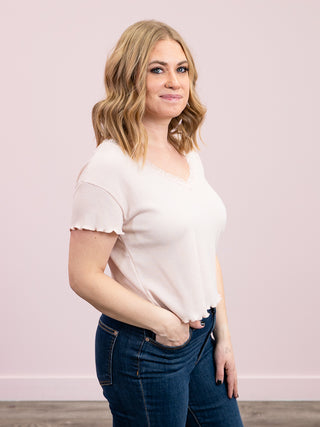 *NEW* DEX | Adela Lace Trim Waffle Top | Powder Pink