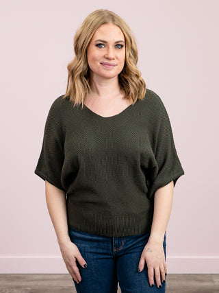 *NEW* Rian V-Neck Short Sleeve Dolman Sweater | Dark Olive
