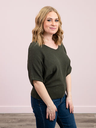*NEW* Rian V-Neck Short Sleeve Dolman Sweater | Dark Olive