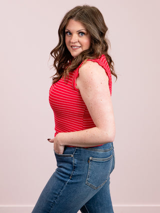 *SUNDAY STEAL* Camie Ribbed Ruffle Stripe Tank Top | Ruby & White