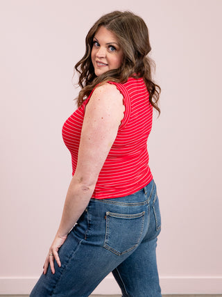 *SUNDAY STEAL* Camie Ribbed Ruffle Stripe Tank Top | Ruby & White