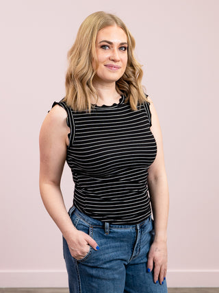 *SUNDAY STEAL* Camie Ribbed Ruffle Stripe Tank Top | Black & White