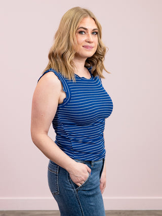 *SUNDAY STEAL* Camie Ribbed Ruffle Stripe Tank Top | Light Navy & White