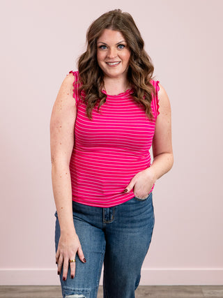 *SUNDAY STEAL* Camie Ribbed Ruffle Stripe Tank Top | Hot Pink & White