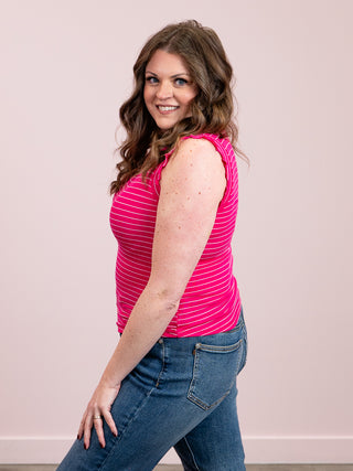 *SUNDAY STEAL* Camie Ribbed Ruffle Stripe Tank Top | Hot Pink & White