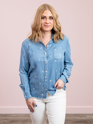 *NEW* DEX | River Embroidered Button Front Shirt | Medium Blue Wash & White Petal