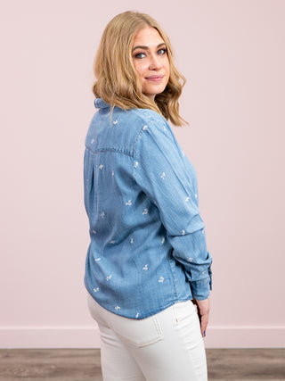 *NEW* DEX | River Embroidered Button Front Shirt | Medium Blue Wash & White Petal