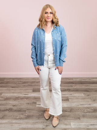 *NEW* DEX | River Embroidered Button Front Shirt | Medium Blue Wash & White Petal