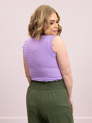 *SUNDAY STEAL* Camie Ribbed Ruffle Stripe Tank Top | Bright Lavender & White
