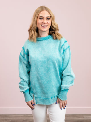 Sasha Acid Wash Fleece Sweatshirt | Turquoise