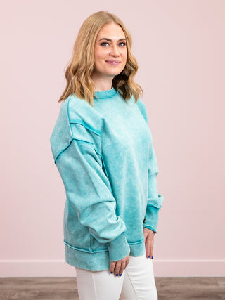 Sasha Acid Wash Fleece Sweatshirt | Turquoise