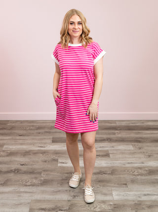 *NEW* Janell Striped T-Shirt Dress | Hot Pink