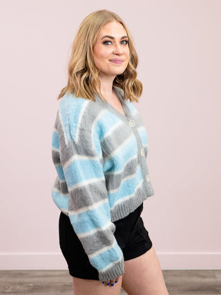 *NEW* Power Play Striped Knit Cardigan | Grey & Blue