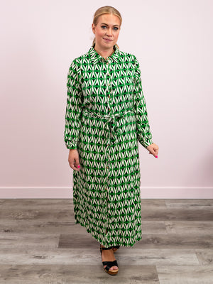 DEX | Spring Fling Printed Shirt Dress | Emerald & Ecru Geo