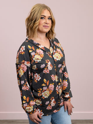 Simple Floral V-Neck Top | Charcoal