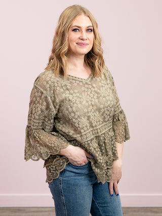 Carly Bell Sleeve Lace Blouse | Olive