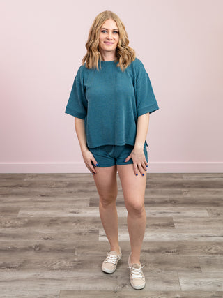 Zadie Ribbed Short Sleeve & Shorts Set | Teal