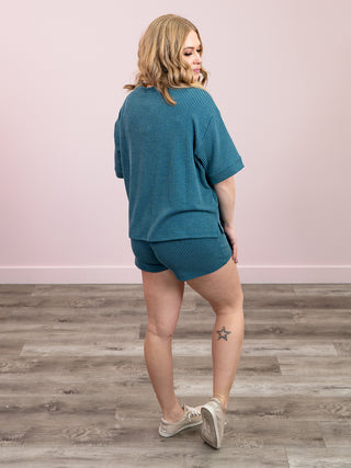 Zadie Ribbed Short Sleeve & Shorts Set | Teal