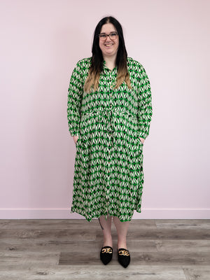 DEX | Spring Fling Printed Shirt Dress | Emerald & Ecru Geo
