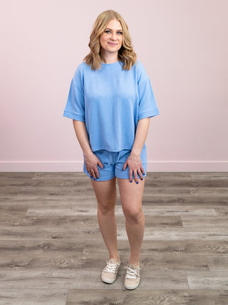 Zadie Ribbed Short Sleeve & Shorts Set | Cornflower Blue